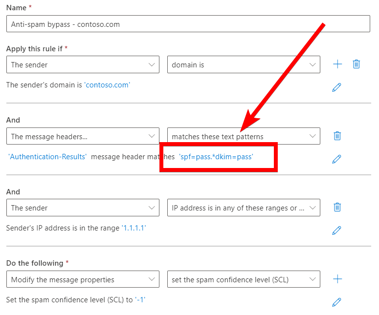 mail flow rule spam bypass red